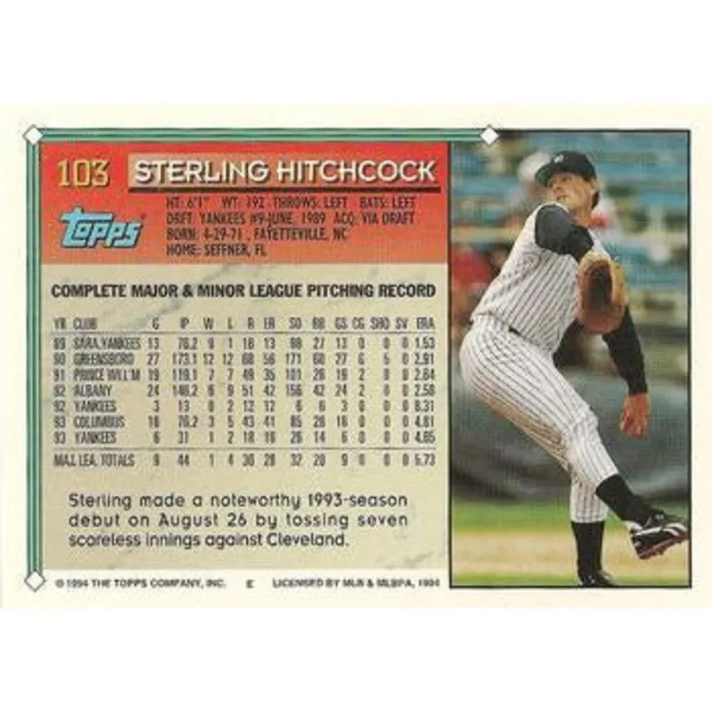 1994 Topps Sterling Hitchcock # 103 New York Yankees
